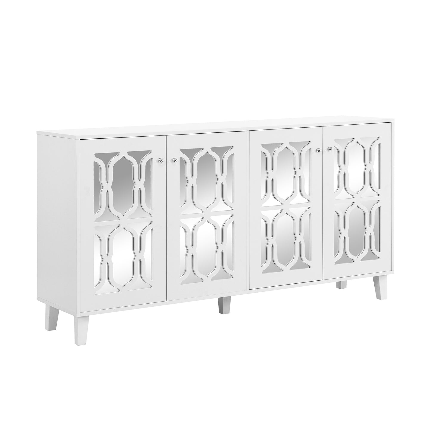 ON-TREND Buffet Cabinet with Adjustable Shelves, 4-Door Mirror Hollow-Carved TV stand for TVs Up to 70'', Multi-functional Console Table with Storage Credenza Accent Cabinet for Living Room, White