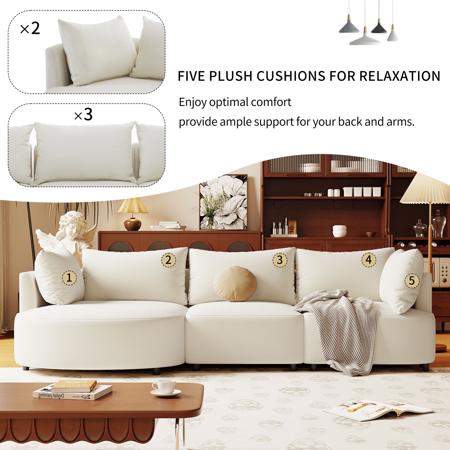 U_STYLE Three Piece Sofas with Five Back Cushions and Curved Seat, for Living Room, Study Room, and Apartment