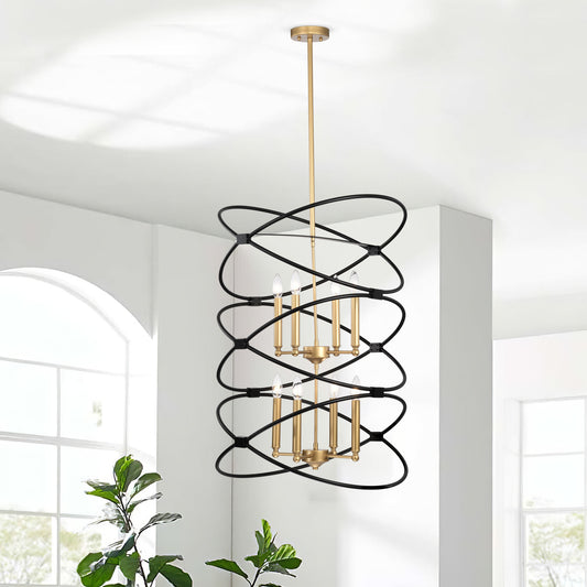 Transitional Gold/Matte Black Metal Chandelier Fixture; 8 lights