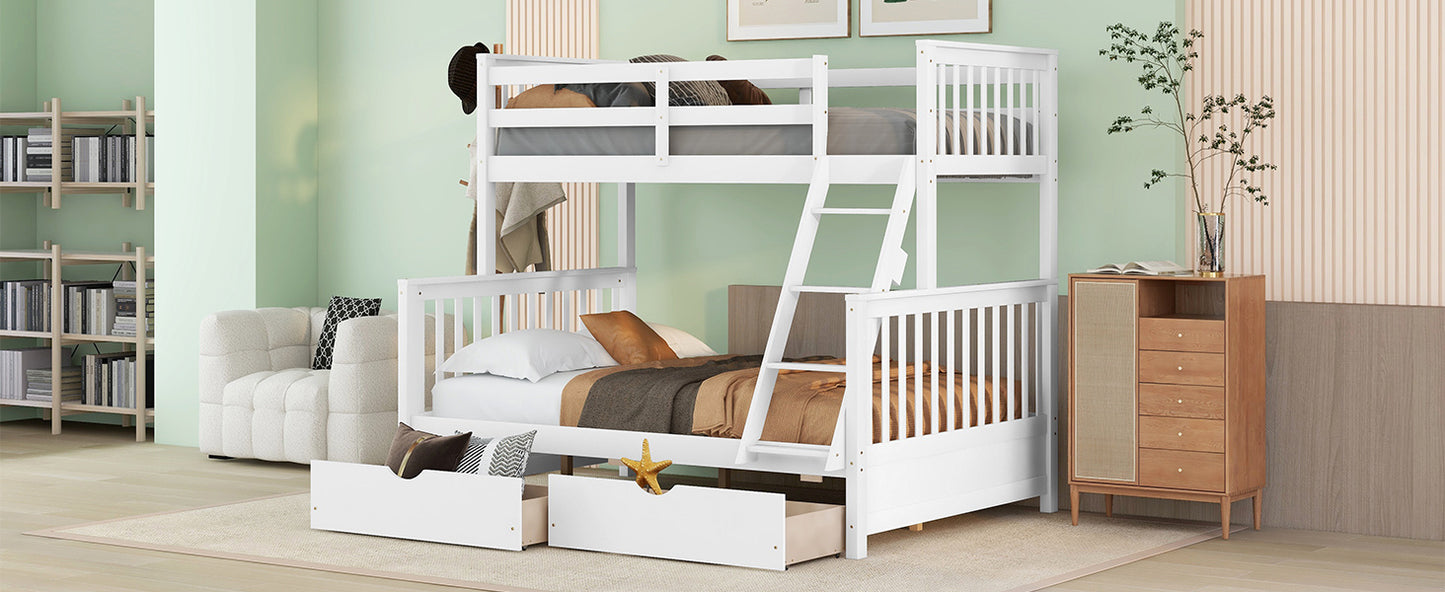 Brown- Twin-Over-Full Bunk Bed with Ladders and Two Storage Drawers