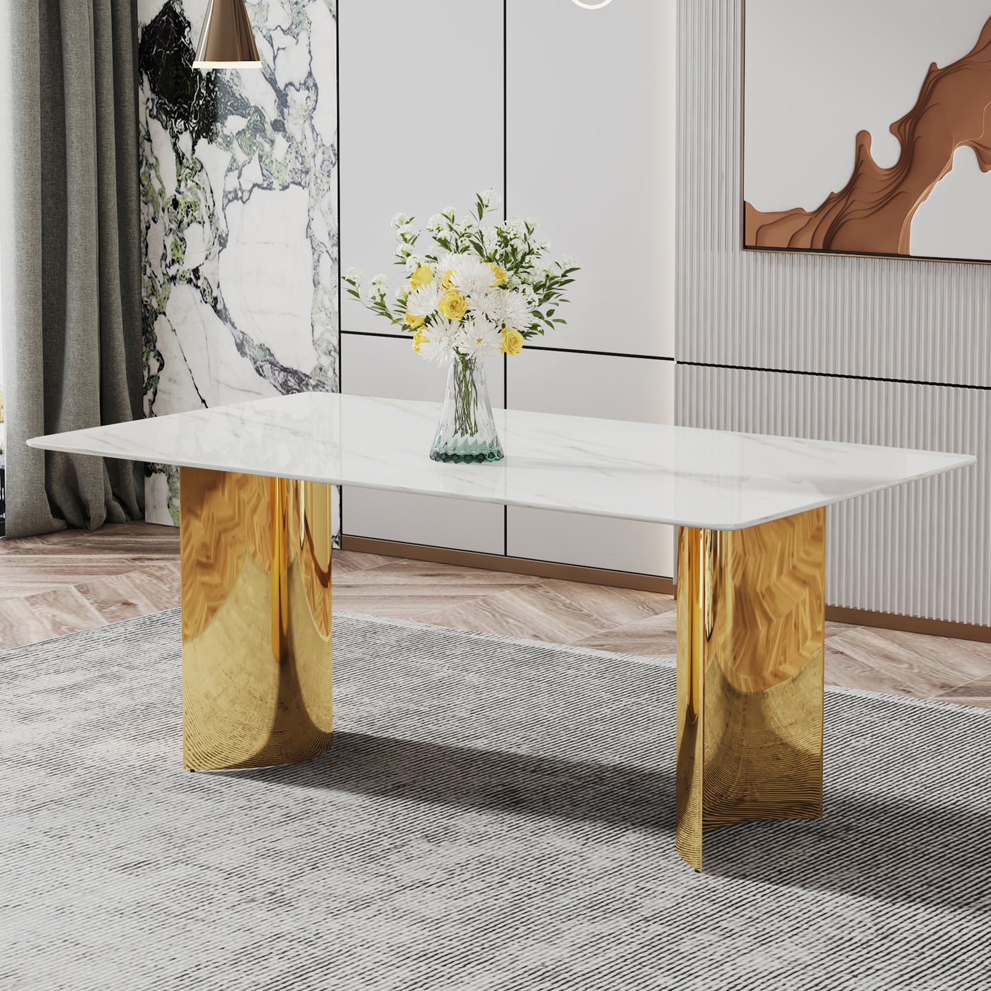 Modern minimalist dining table. The white imitation marble glass desktop is equipped with golden metal legs. Suitable for restaurants and living rooms 71 "* 39.3" * 29.5 "DT-69