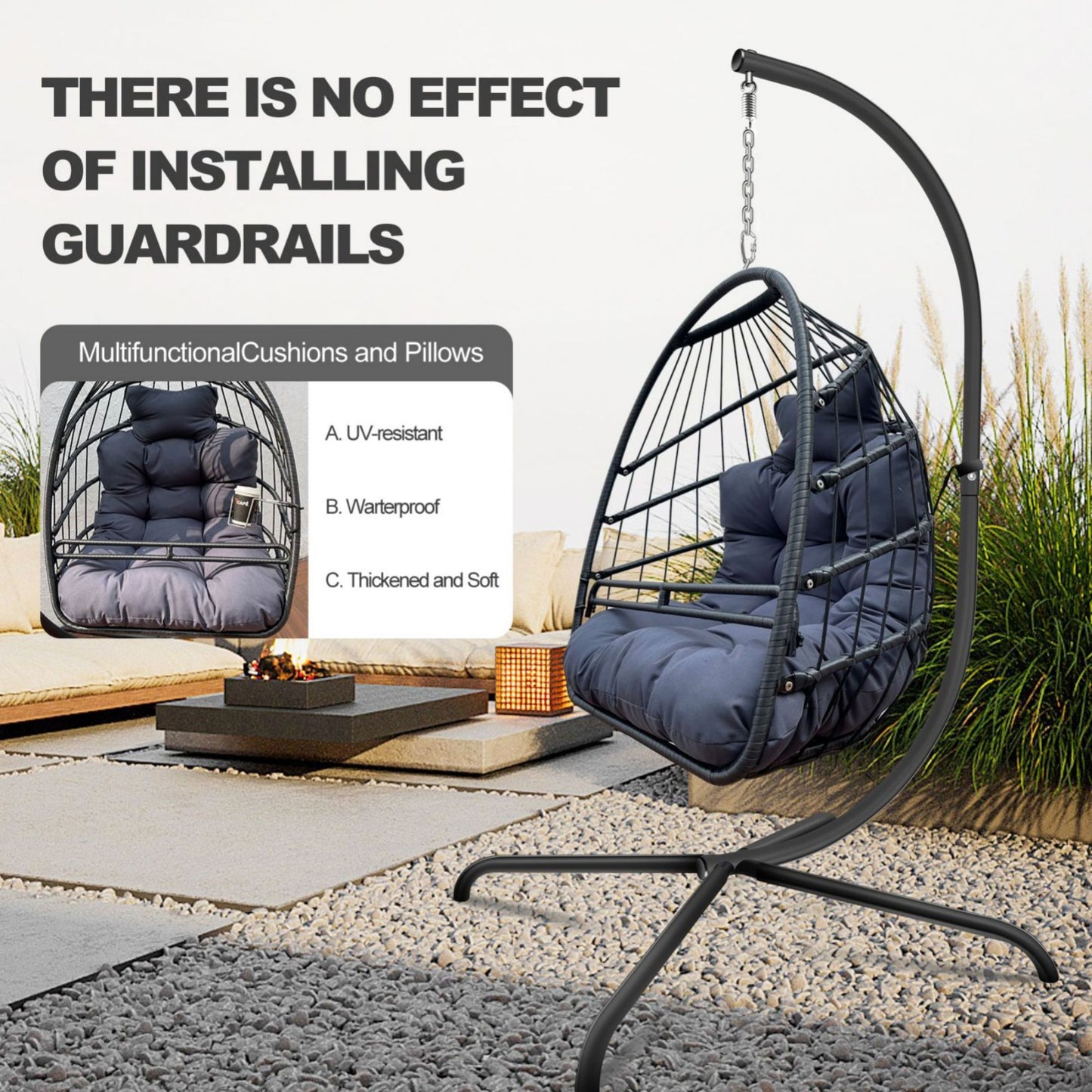 Swing Egg Chair with Stand Indoor Outdoor, UV Resistant Cushion Hanging Chair with Guardrail and Cup Holder, Anti-Rust Foldable Aluminum Frame Hammock Chair, 350lbs Capacity for Porch Backyard