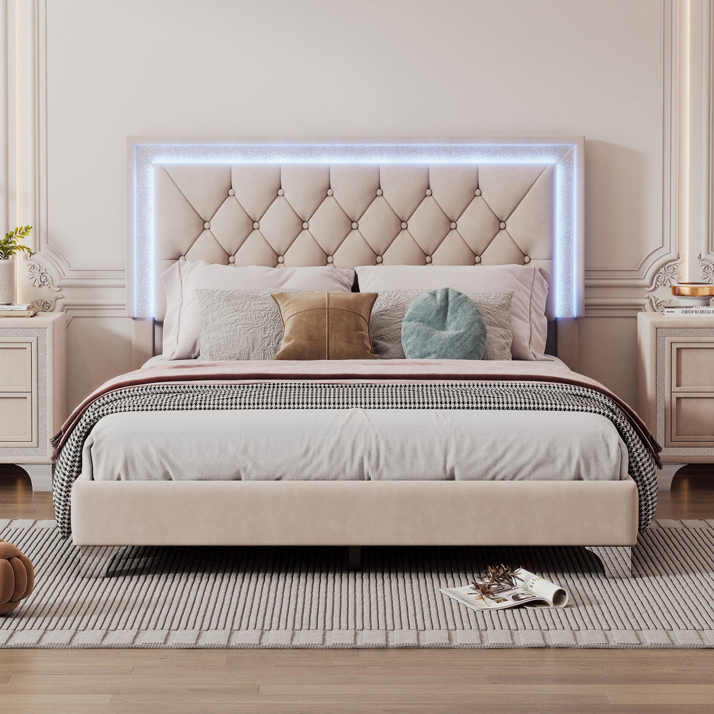 Full Size Upholstered Bed Frame with LED Lights,Modern Velvet Platform Bed with Tufted Headboard,Beige