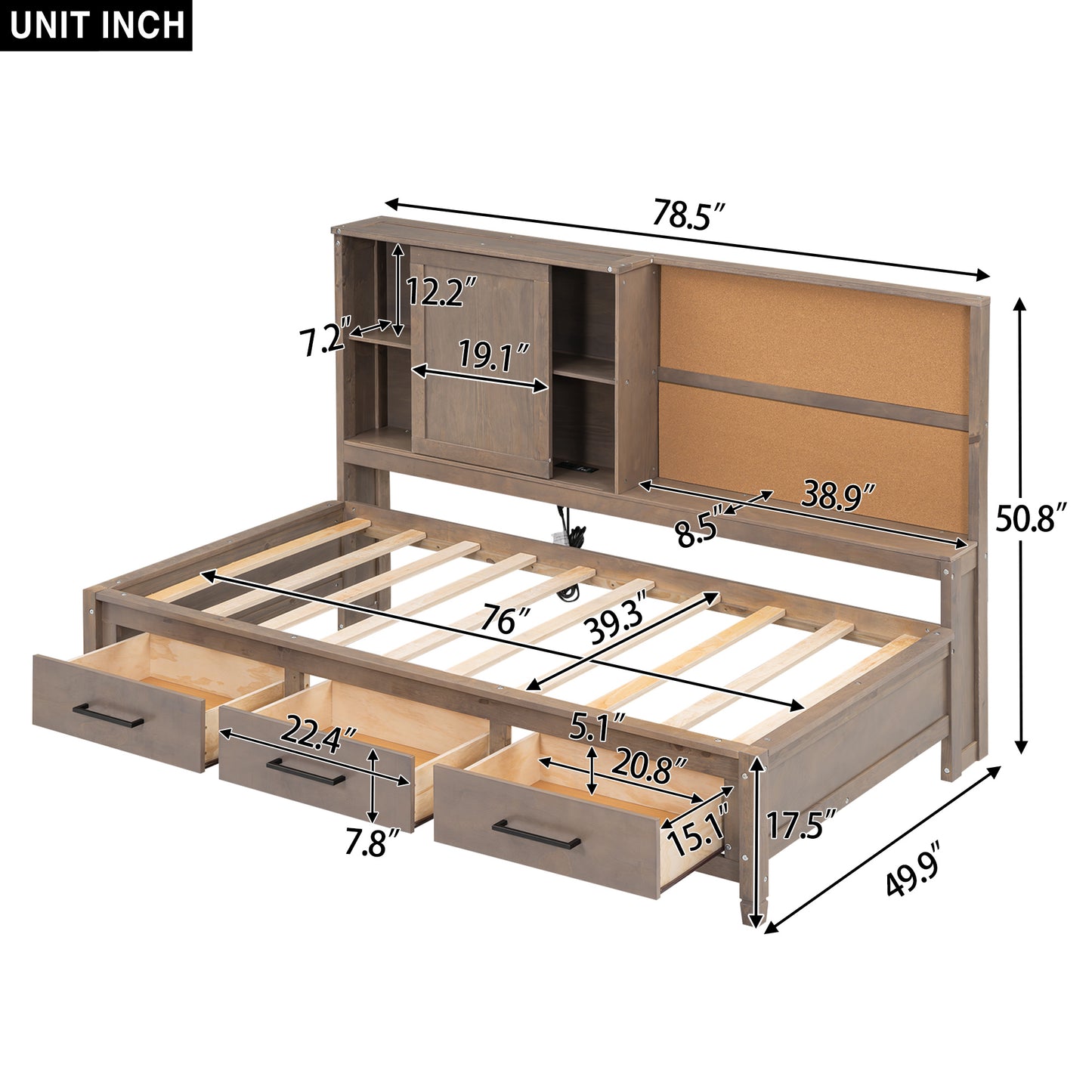 Twin Size Lounge Daybeds, USB Ports and 3 Drawers, Antique Wood Color