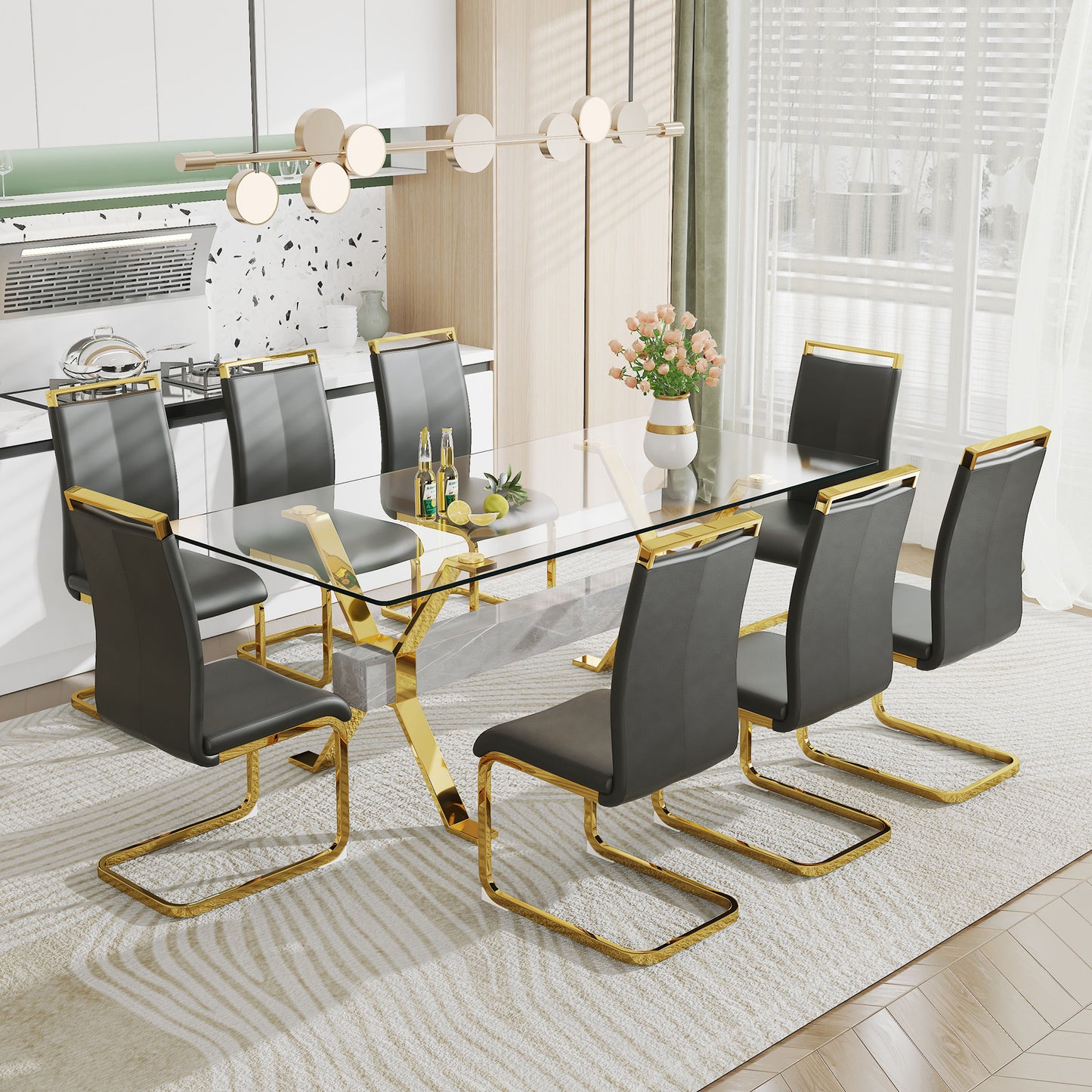 LuxGlass Rectangular Dining Set - Includes 1 Table and 6 Chairs. Modern Simplicity with Tempered Glass Tabletop and 6 Black PU Gold-Plated Leg Chairs. Dimensions: 79''x39''x30''