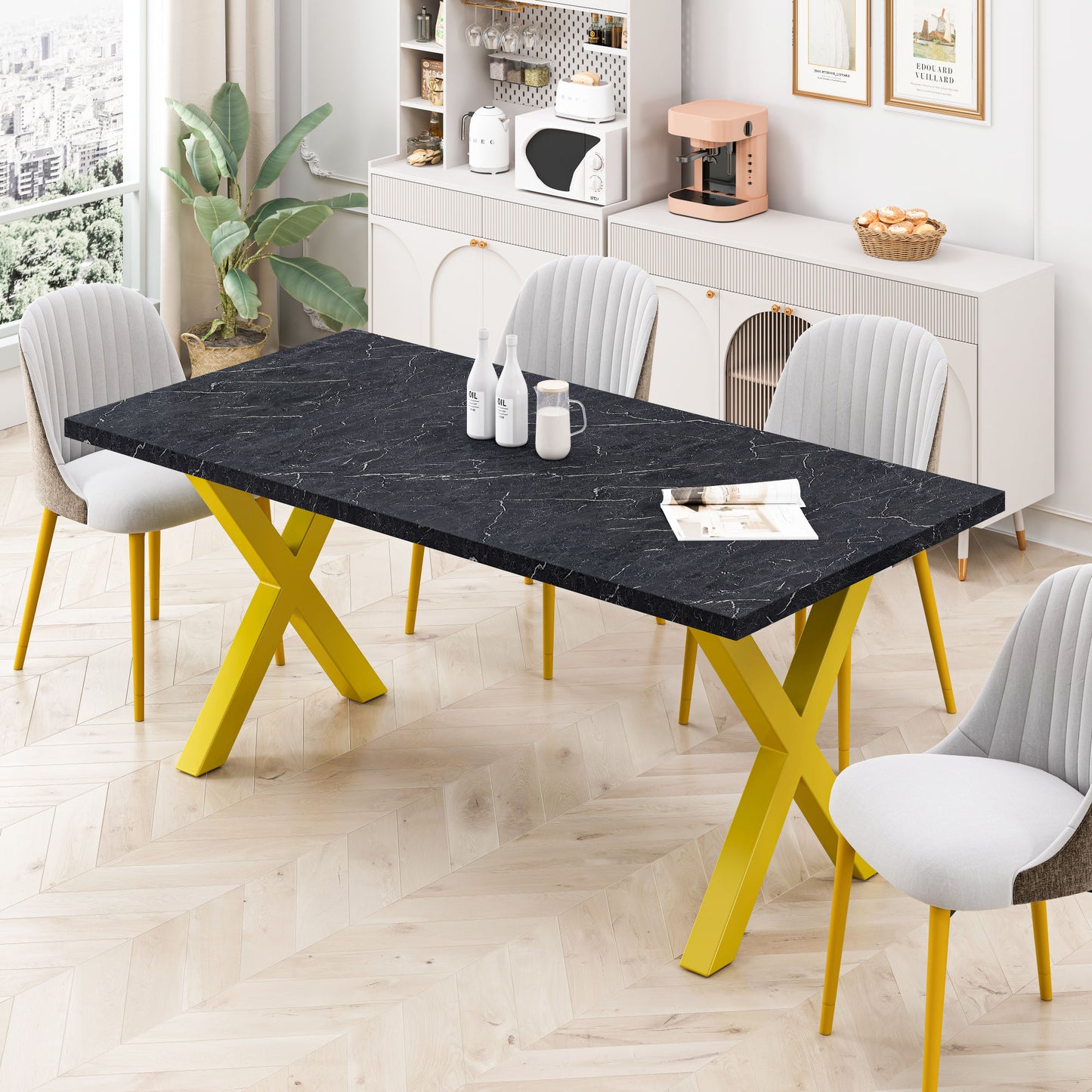 70.87\"Modern Square Dining Table with Printed  Marble Table Top+ X-Shape Table Leg