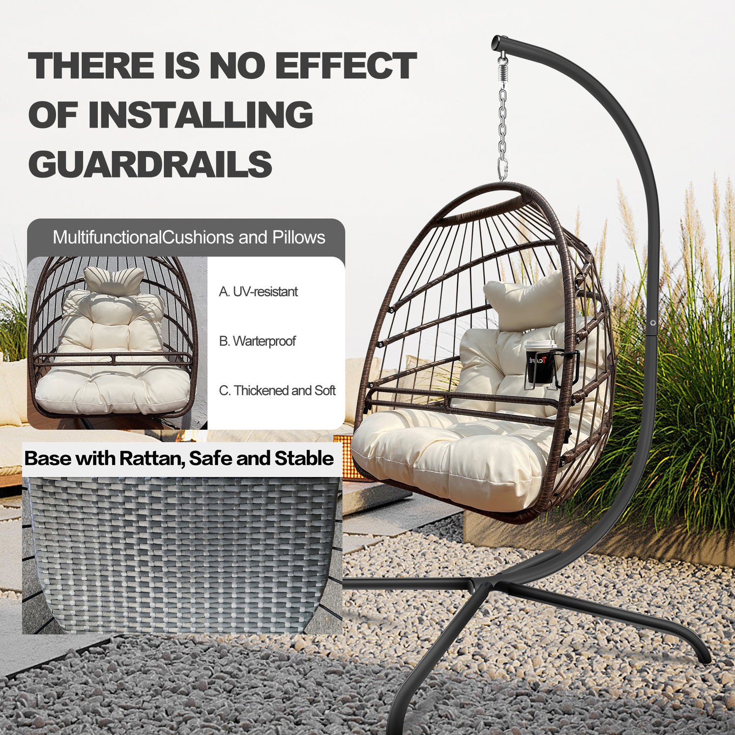 Swing Egg Chair with Stand Indoor Outdoor, UV Resistant Cushion Hanging Chair with Guardrail and Cup Holder, Anti-Rust Foldable Aluminum Frame Hammock Chair, 350lbs Capacity for Porch Backyard