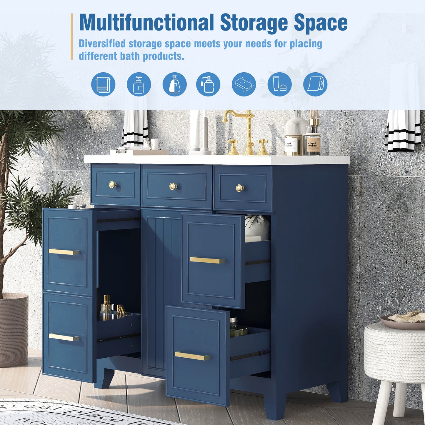 36" Bathroom Vanity Cabinet with Sink Top Combo Set, Navy Blue, Single Sink, Shaker Cabinet with Soft Closing Door and Drawer