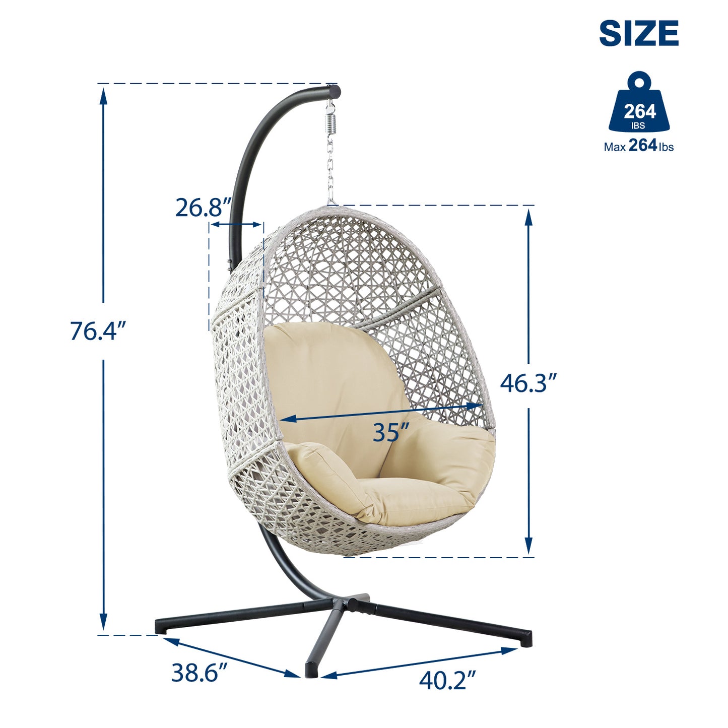 Large Hanging Egg Chair with Metal Stand and UV Resistant Cushion Hammock Chairs with C-Stand for Outdoor Indoor