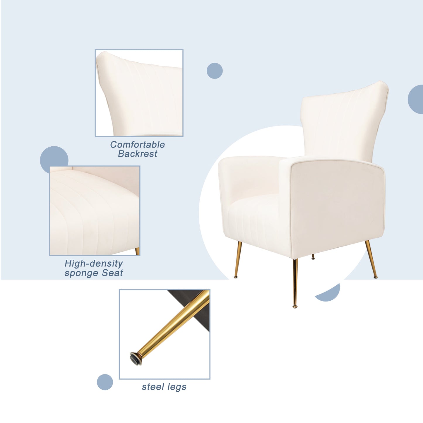 Velvet Accent Chair, Wingback Armchair with Gold Legs, Upholstered Single Sofa, White