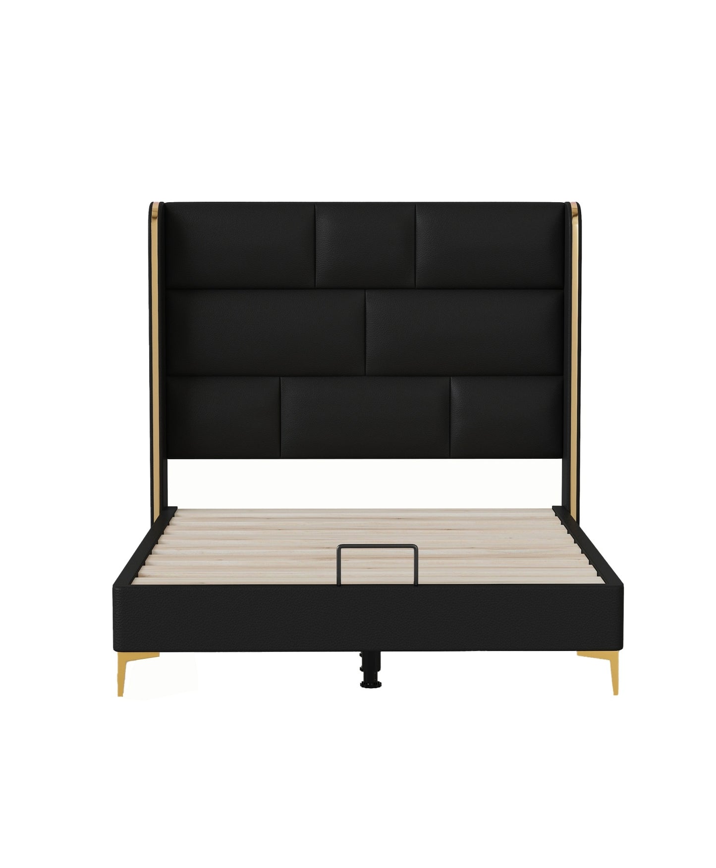 56" Tall Headboard Square Tufted Upholstered Platform Bed , Queen Size Bed Frame with Thickening Pinewooden Slats and Metal Leg, Black