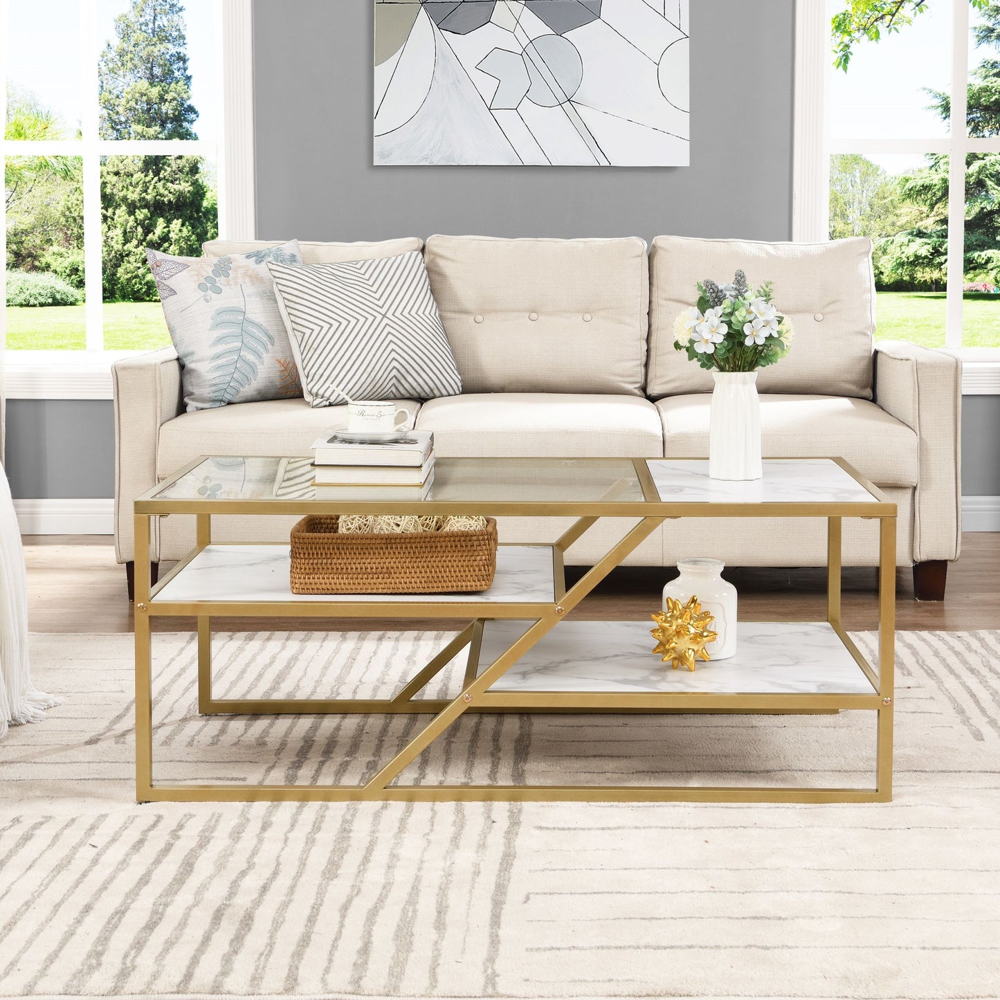 Golden Coffee Table with Storage Shelf; Tempered Glass Coffee Table with Metal Frame