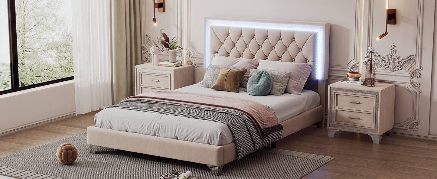 Full Size Upholstered Bed Frame with LED Lights,Modern Velvet Platform Bed with Tufted Headboard,Beige