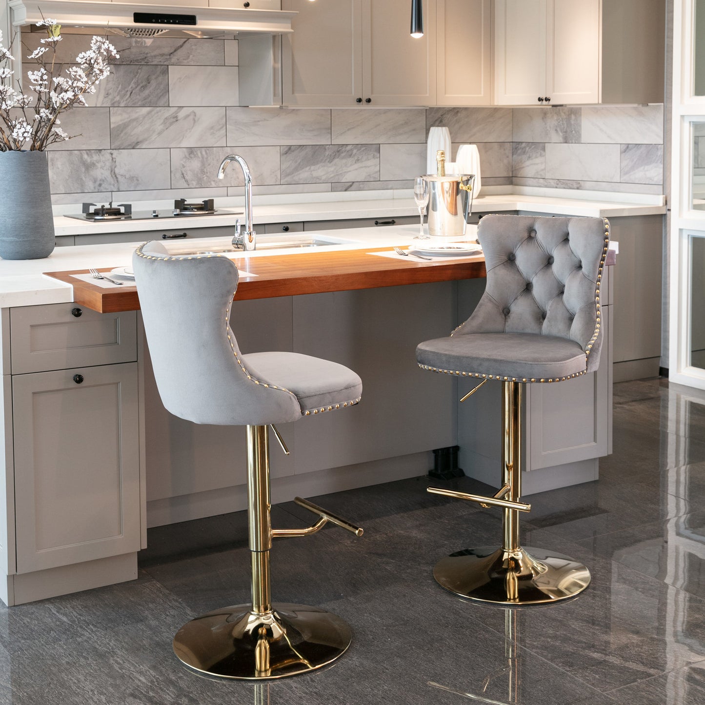 Modern Velvet Gold Studded Barstools