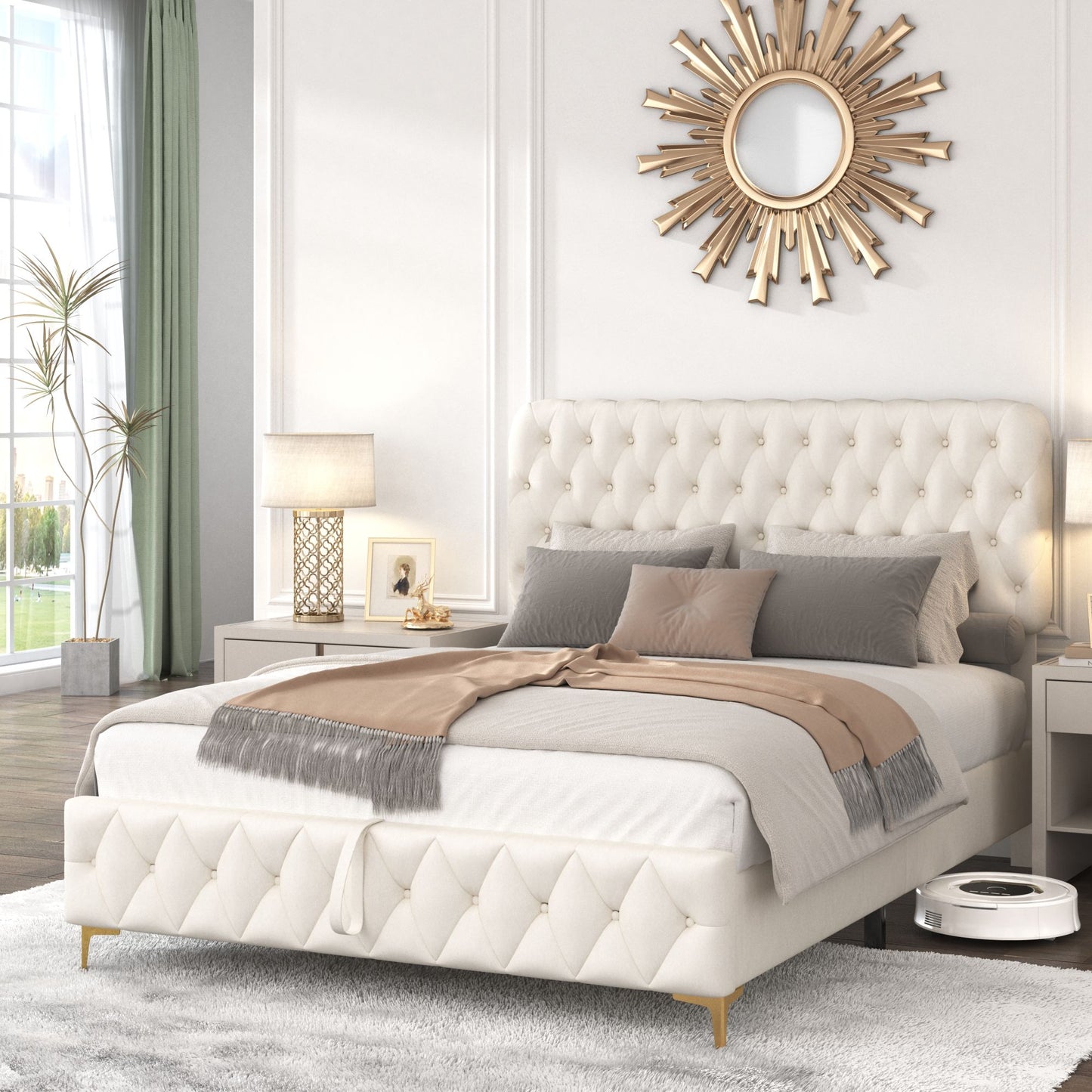 Full Platform Bed Frame With pneumatic hydraulic function, Velvet Upholstered Bed with Deep Tufted Buttons, Lift up storage bed With Hidden Underbed Oversized Storage, BEIGE