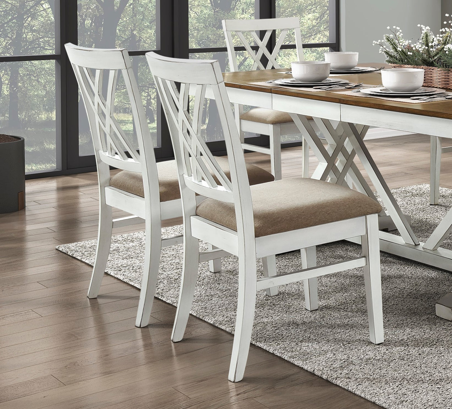 7-Piece Dining Set in White and Oak Finish - Includes Table with Extension Leaf and 6 Side Chairs with Upholstered Seats.