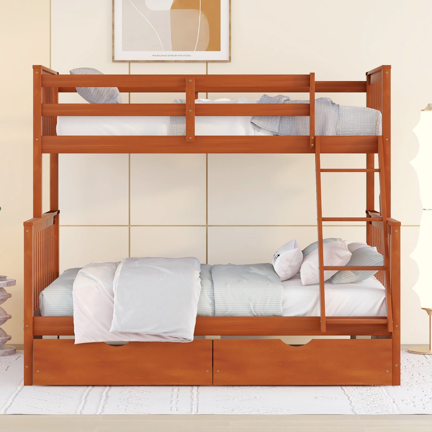 Brown- Twin-Over-Full Bunk Bed with Ladders and Two Storage Drawers