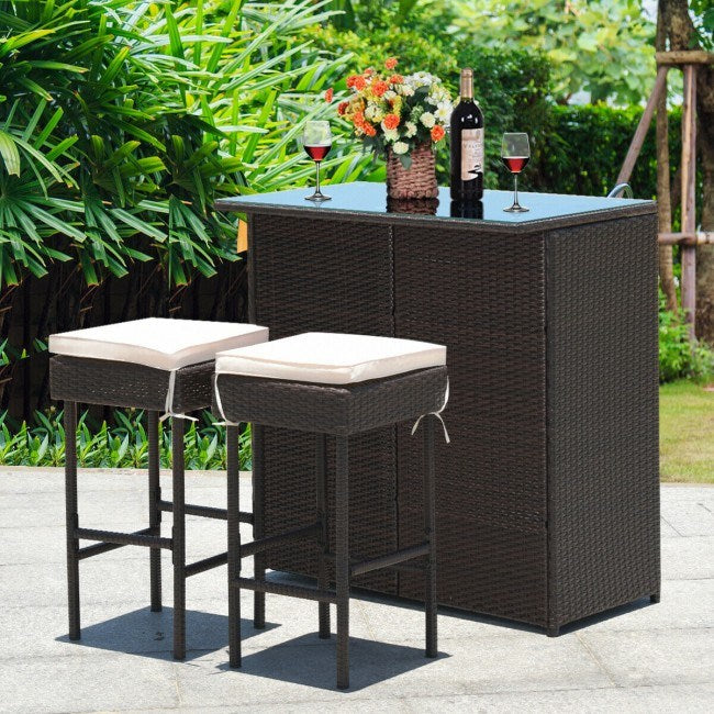 3 Pieces Outdoor Patio Rattan Wicker Bar Set