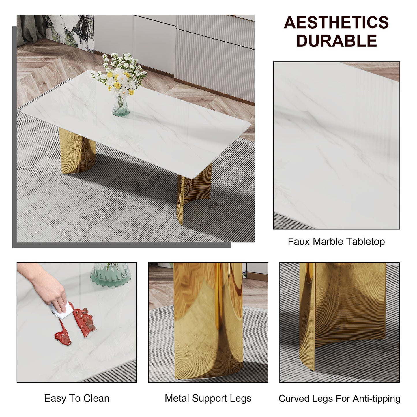 Modern minimalist dining table. The white imitation marble glass desktop is equipped with golden metal legs. Suitable for restaurants and living rooms 71 "* 39.3" * 29.5 "DT-69