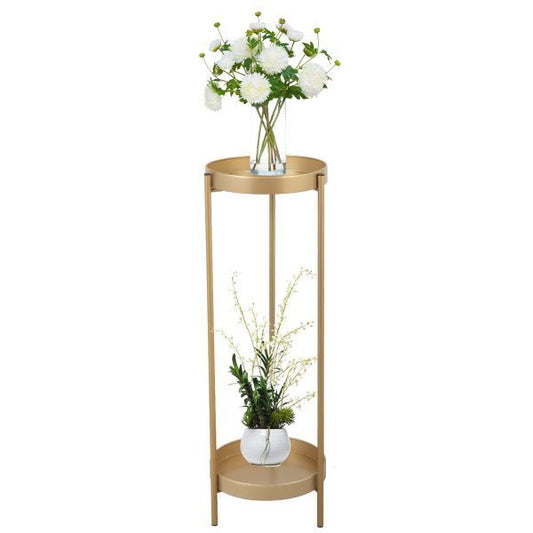 Modern Folding Metal 2-Tier Plant Stand Potted Plant Holder Shelf with 2 Round Trays Indoor Outdoor, Versatile, Golden