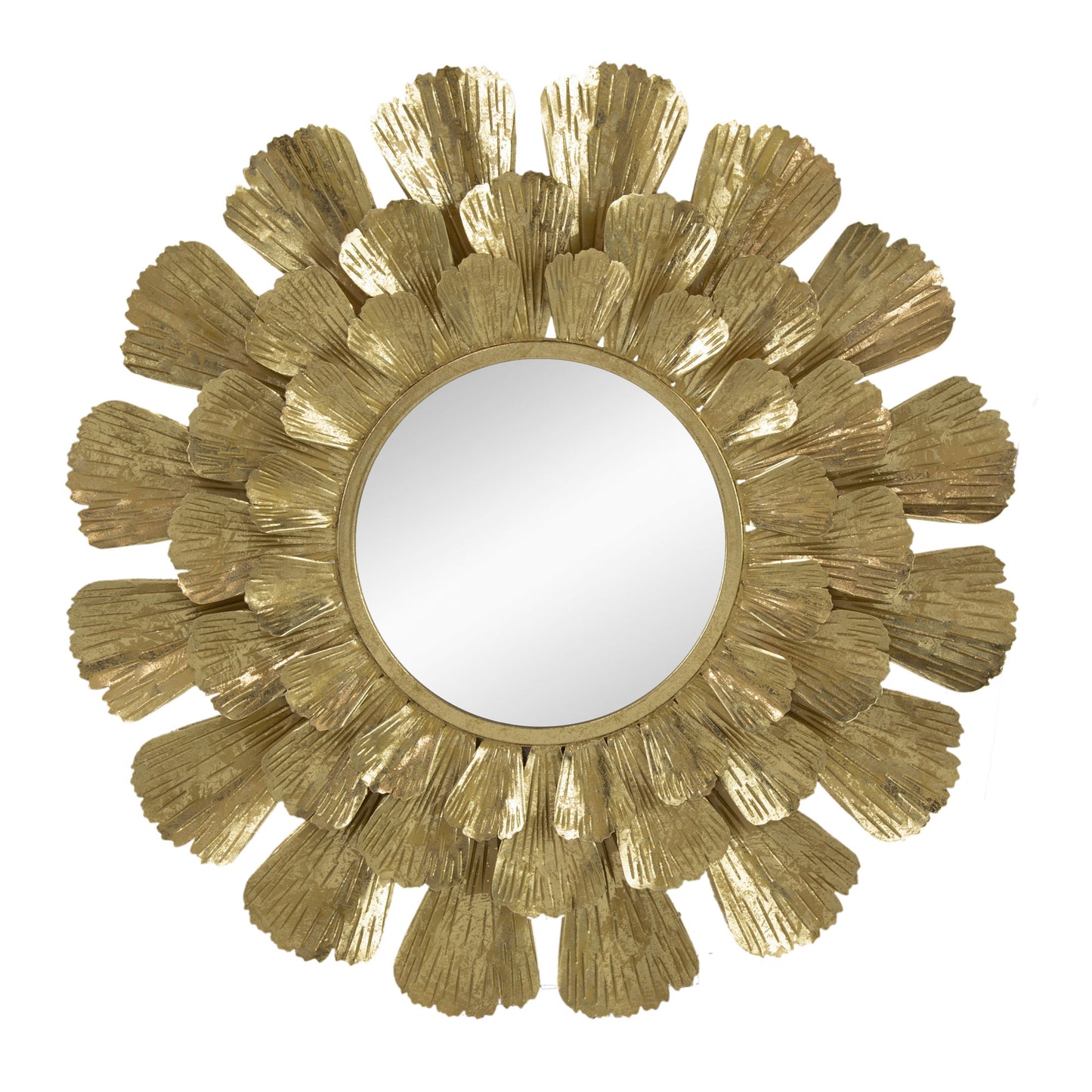 Round Gold Metal Mirror with Trumpet Vine Motif, 37x3"