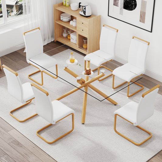 1 table with 6 chairs. Glass dining table with 0.39 "tempered glass tabletop and wooden metal legs. PU leather high backrest cushioned side chair with C-shaped chrome metal legs.