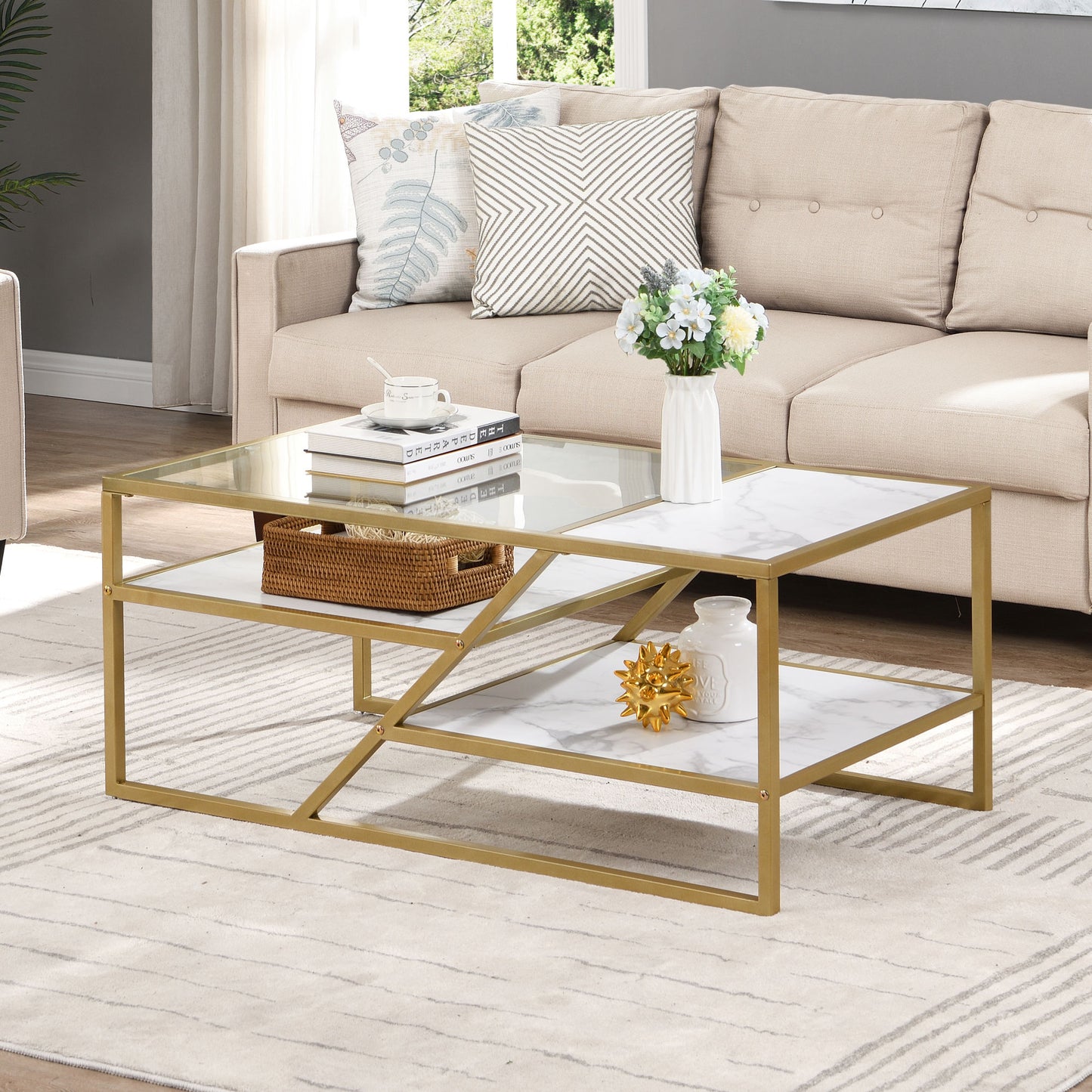 Golden Coffee Table with Storage Shelf; Tempered Glass Coffee Table with Metal Frame