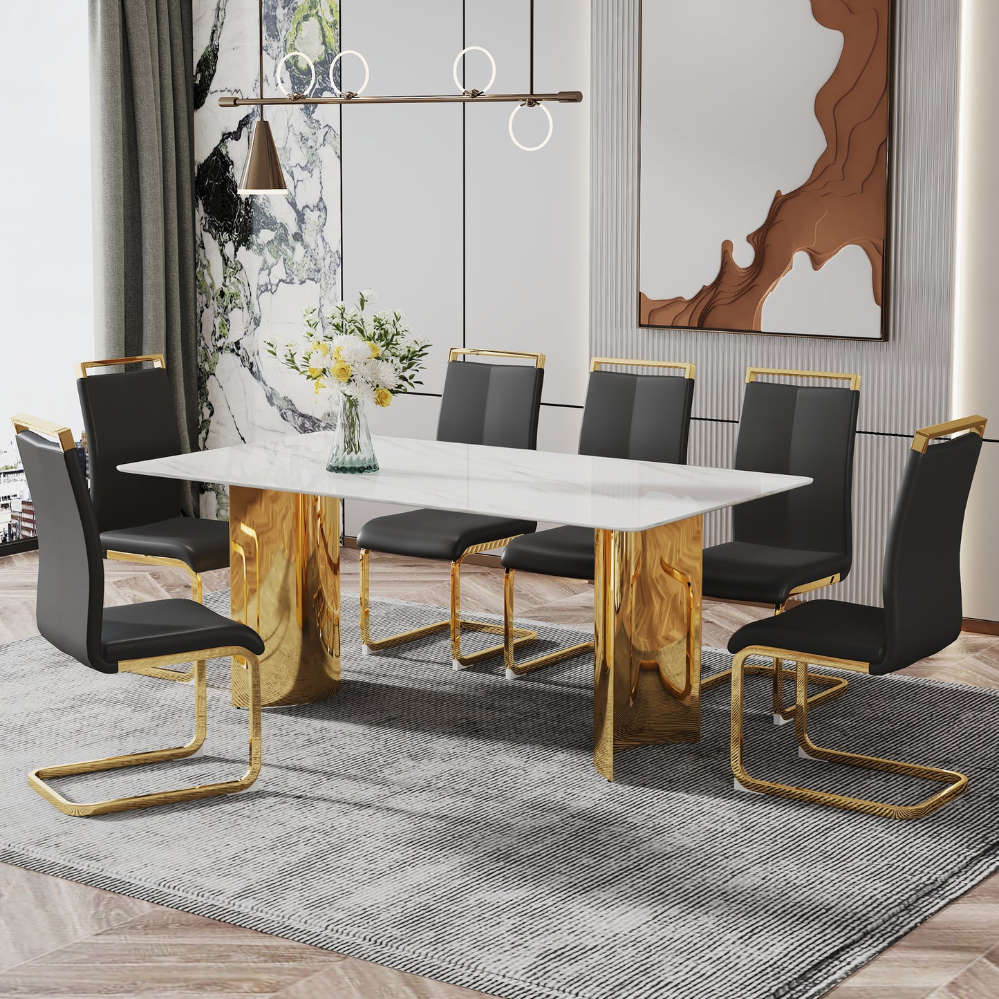 Modern minimalist dining table. The white imitation marble glass desktop is equipped with golden metal legs. Suitable for restaurants and living rooms 71 "* 39.3" * 29.5 "DT-69