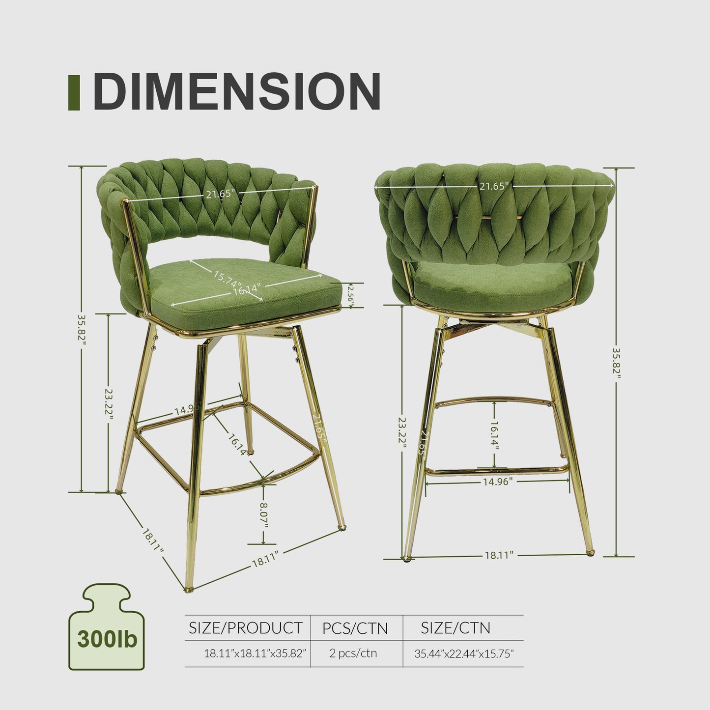 Bar Chair Linen Woven Bar Stool Set of 2, (Green)