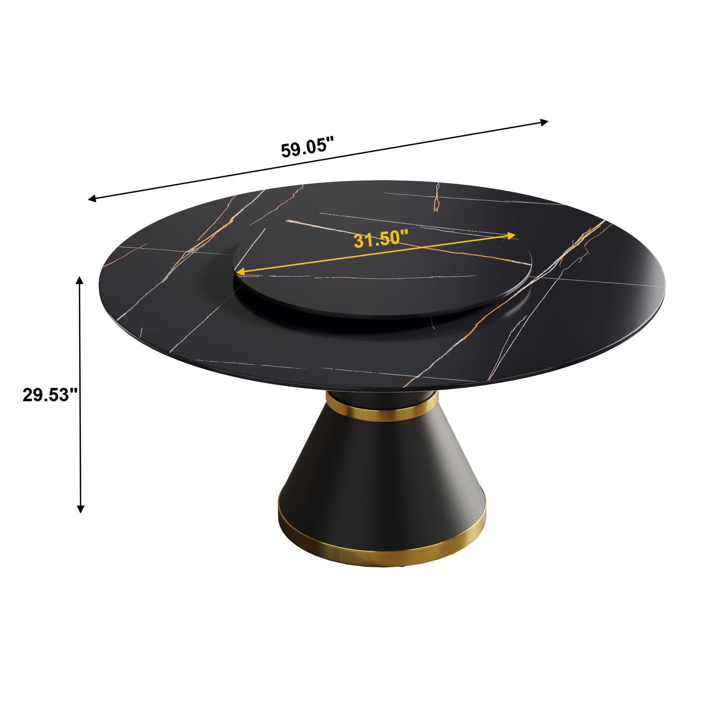 59.05"Modern artificial stone round black carbon steel base dining table-can accommodate 6 people-31.5"black artificial stone turntable