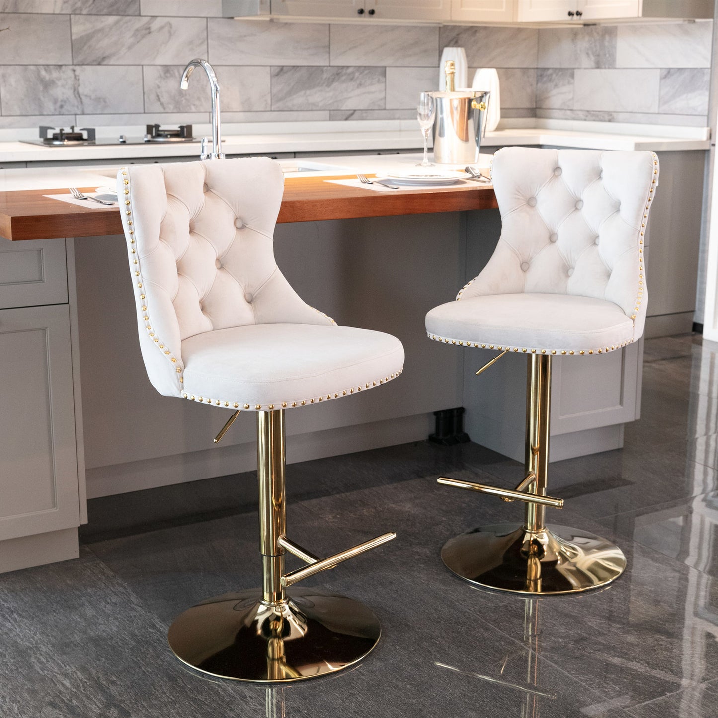 Modern Velvet Gold Studded Barstools