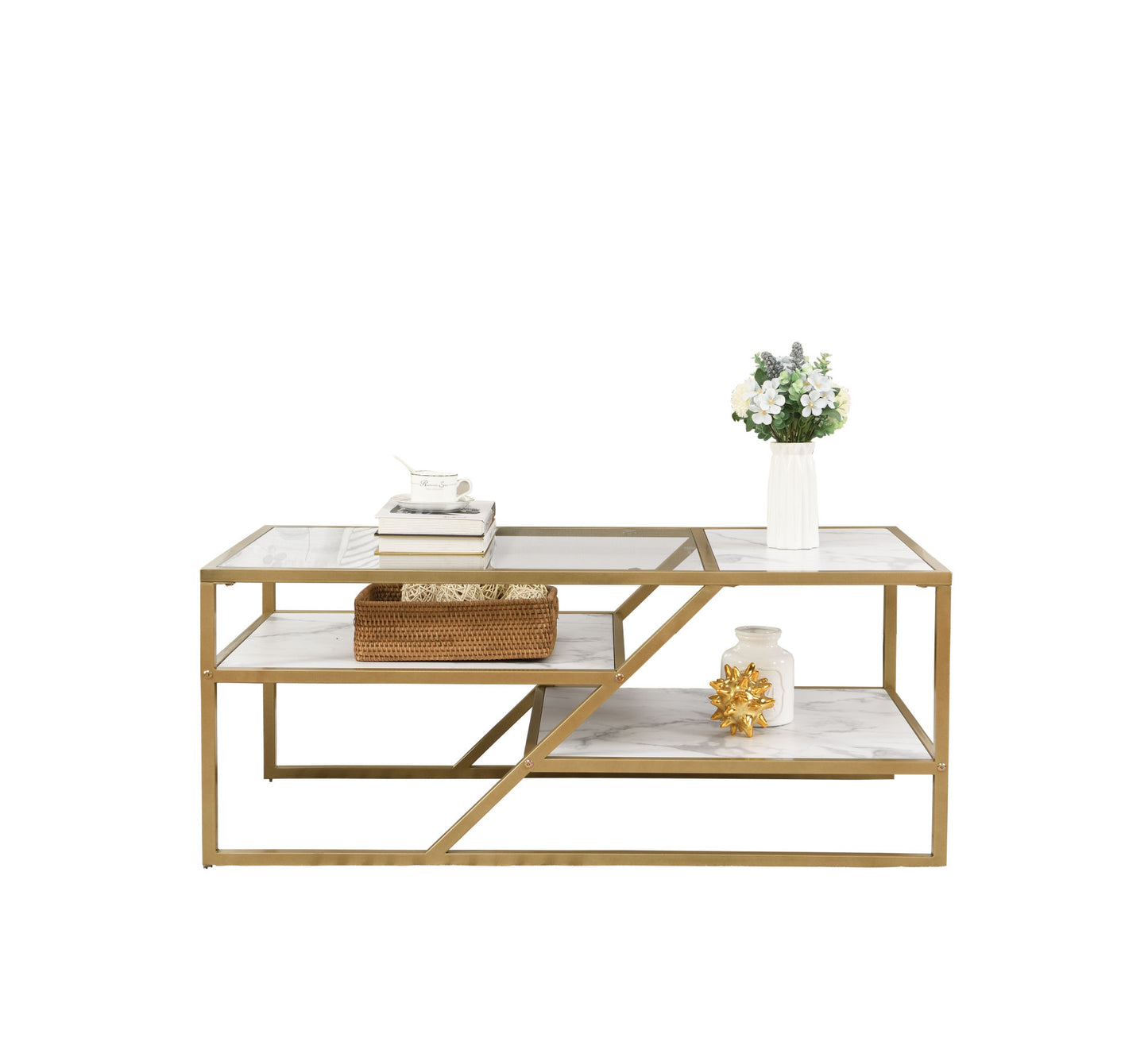 Golden Coffee Table with Storage Shelf; Tempered Glass Coffee Table with Metal Frame