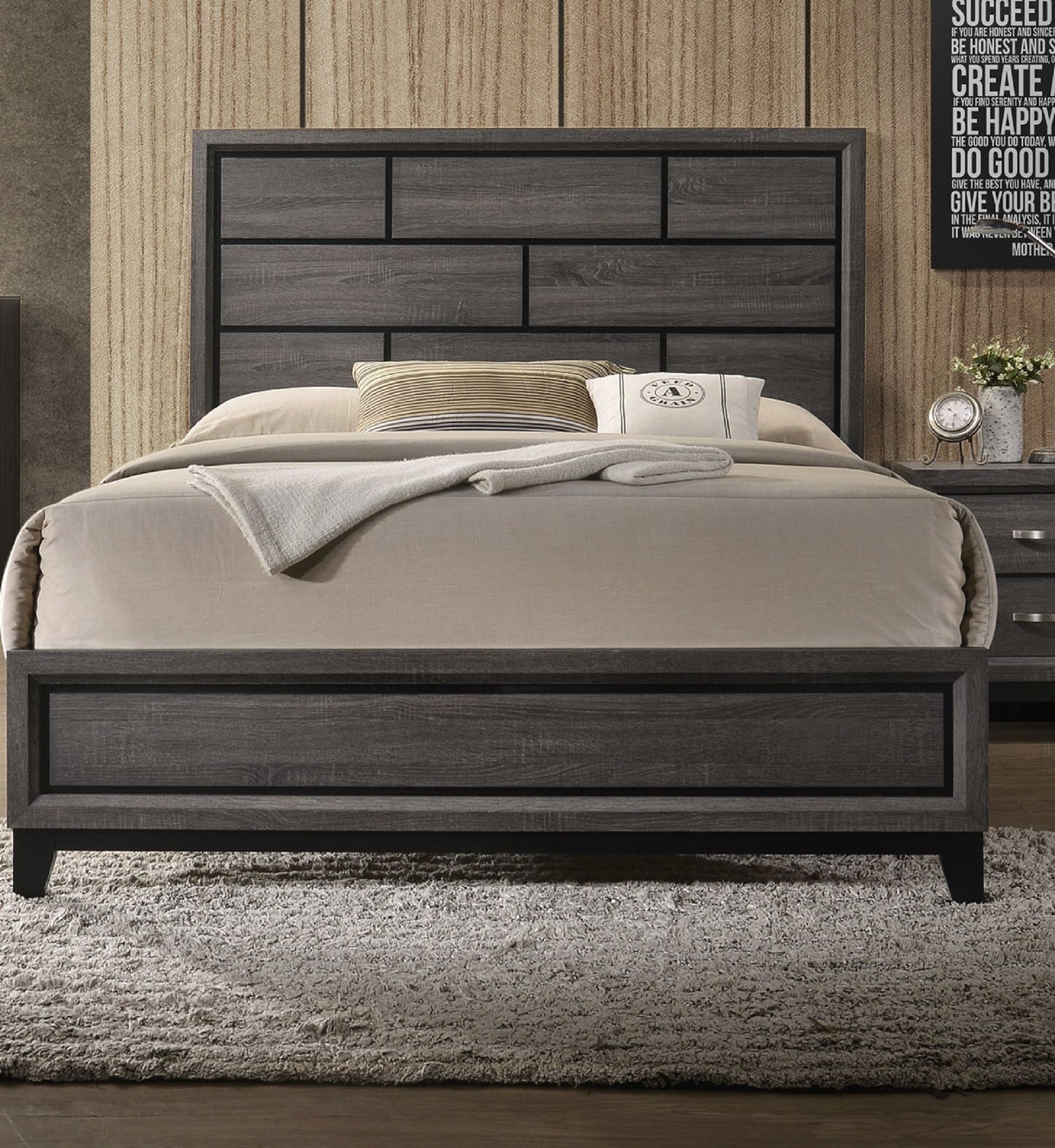 Cotemporary Gray Finish Full Size Panel Low-profile Bed Geometric Design Wooden Bedroom Furniture