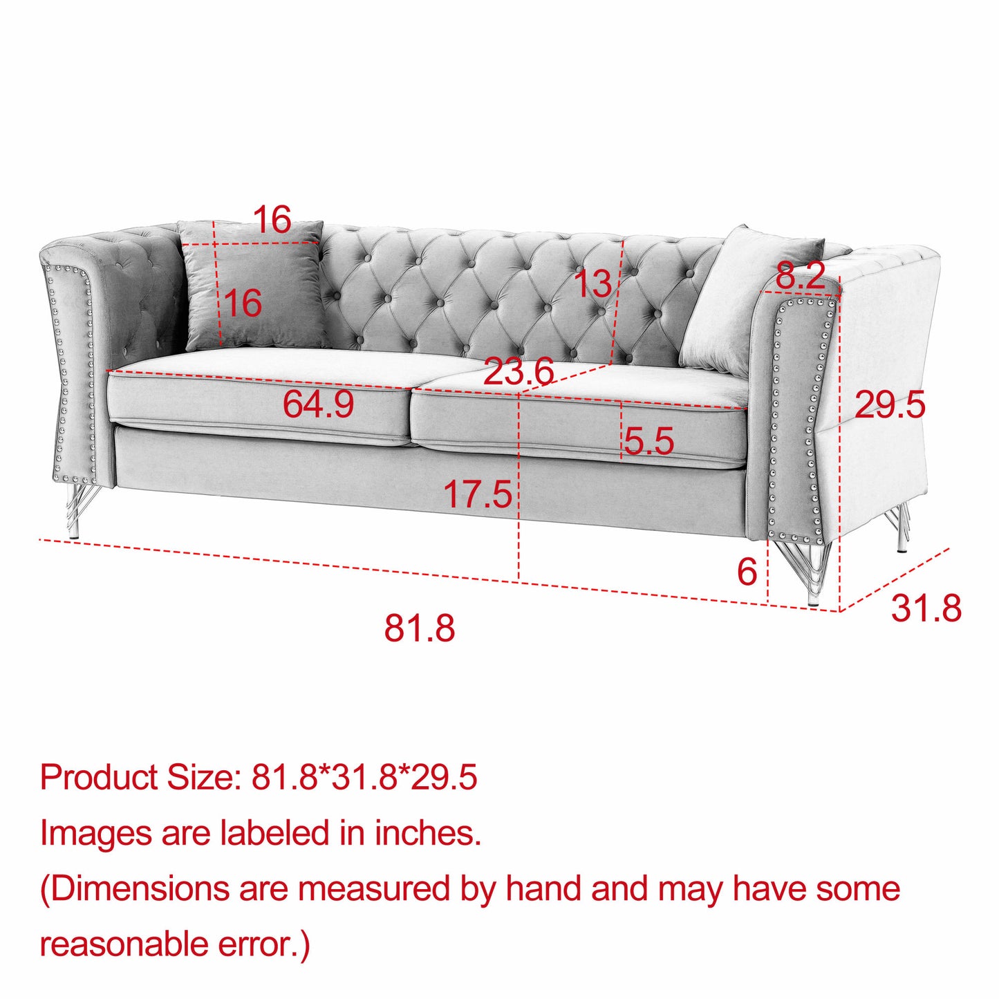 81.8" Chesterfield Sofa Grey Velvet for Living Room, 3-Seater Sofa Tufted Couch with metal foot and Nailhead- two pillows