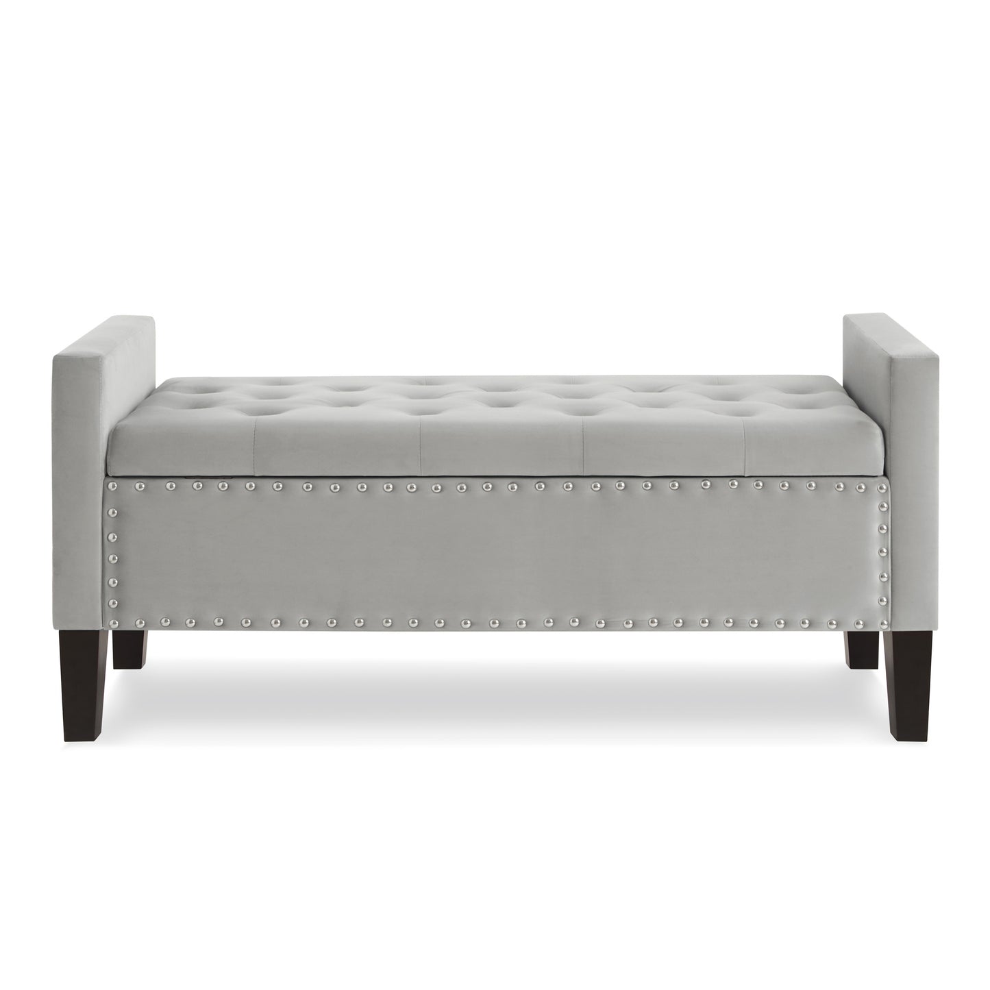 Upholstered Tufted Button Storage Bench with nails trim,Entryway Living Room Soft Padded Seat with Armrest,Bed Bench-Gray