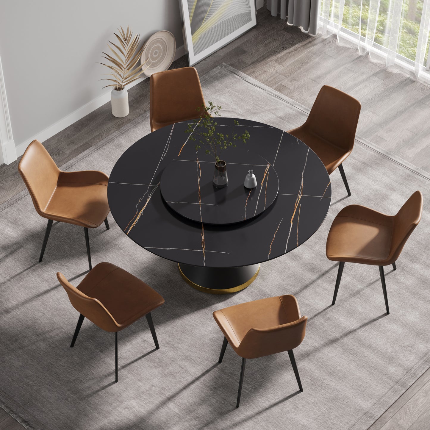 59.05"Modern artificial stone round black carbon steel base dining table-can accommodate 6 people-31.5"black artificial stone turntable