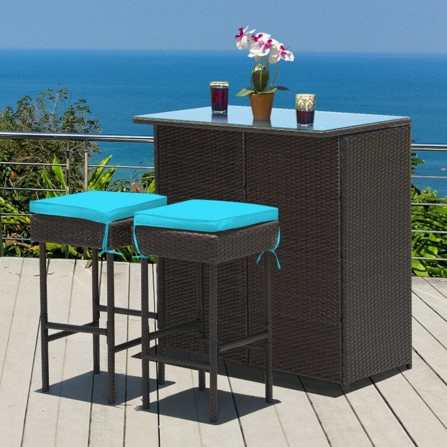 3 Pieces Outdoor Patio Rattan Wicker Bar Set