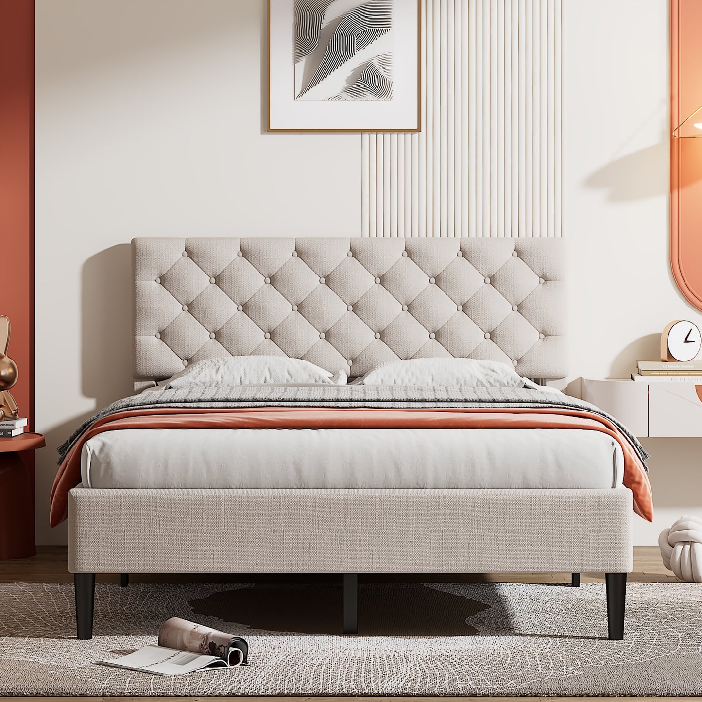 Upholstered Linen Platform Bed, Full Size