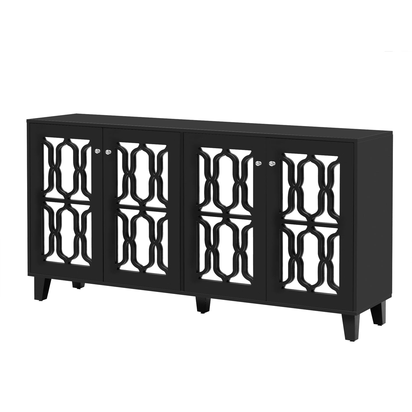 ON-TREND Buffet Cabinet with Adjustable Shelves, 4-Door Mirror Hollow-Carved TV stand for TVs Up to 70'', Multi-functional Console Table with Storage Credenza Accent Cabinet for Living Room, Black