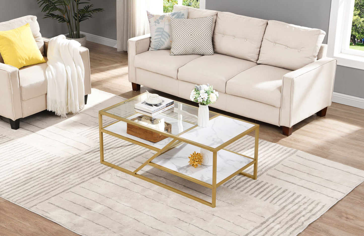 Golden Coffee Table with Storage Shelf; Tempered Glass Coffee Table with Metal Frame