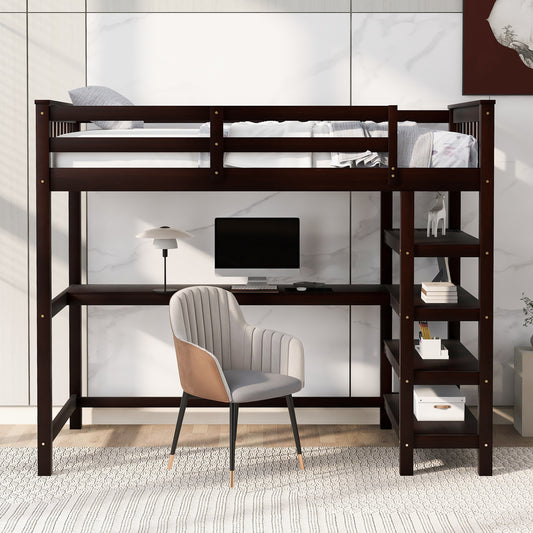 Twin Size Loft Bed with Storage Shelves and Under-bed Desk