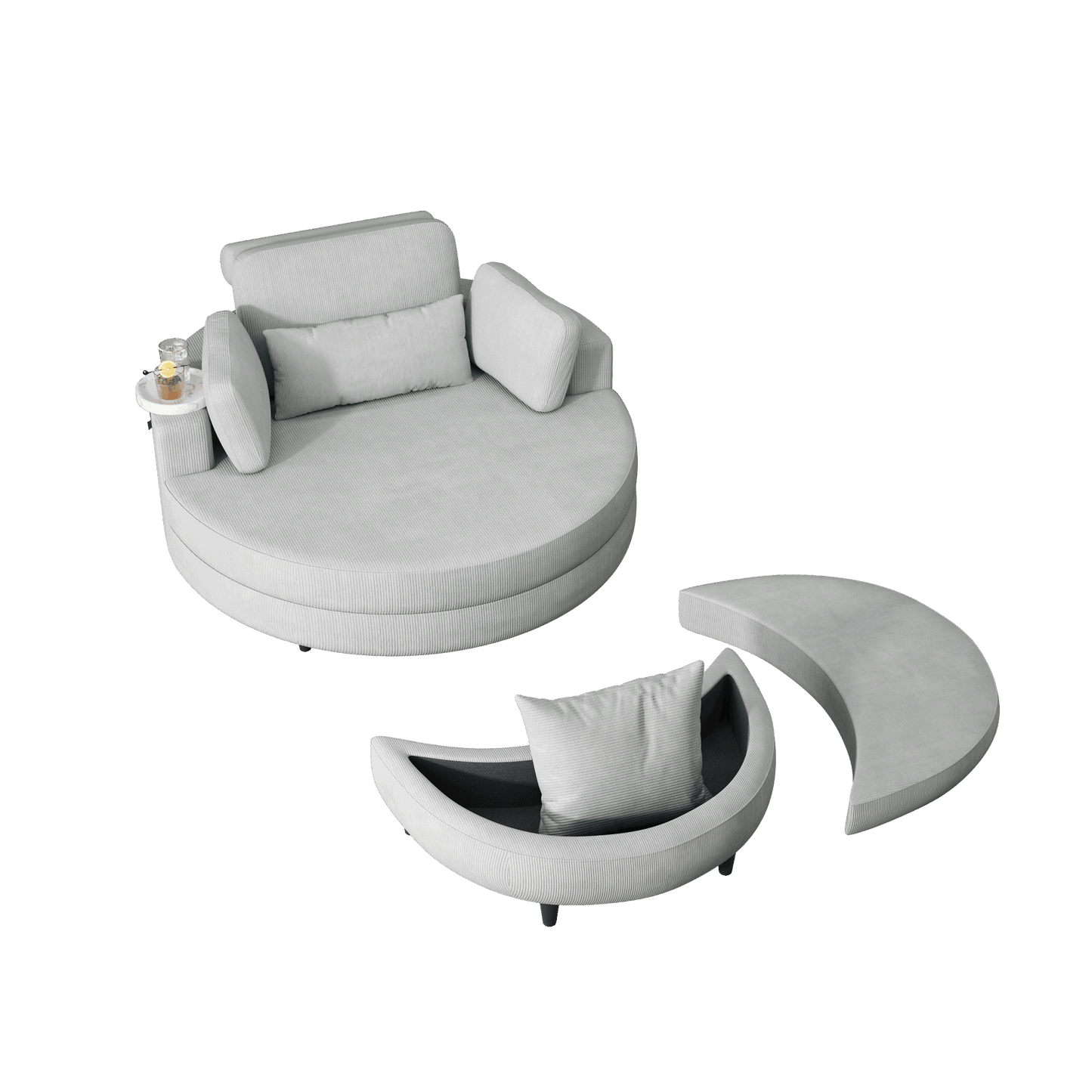 51-inch gray corduroy sofa with two throw pillows and a waist pillow with an extra tray