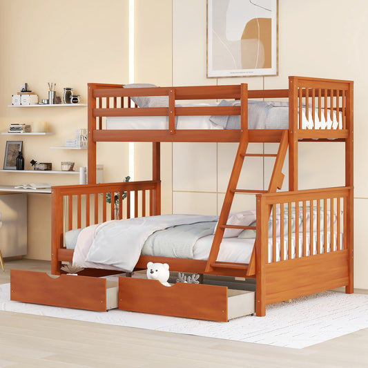 Brown- Twin-Over-Full Bunk Bed with Ladders and Two Storage Drawers