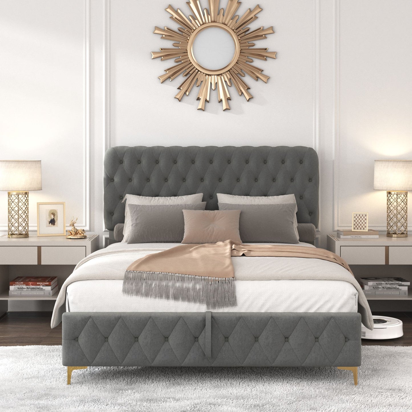 Queen Platform Bed Frame With pneumatic hydraulic function, Velvet Upholstered Bed with Deep Tufted Buttons, Lift up storage bed With Hidden Underbed Oversized Storage, Gray