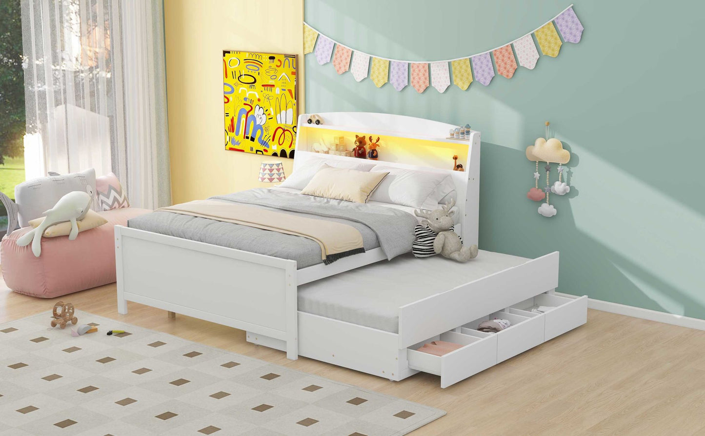 Full Size Platform Bed with Storage LED Headboard, Twin Size Trundle and 3 Drawers, White