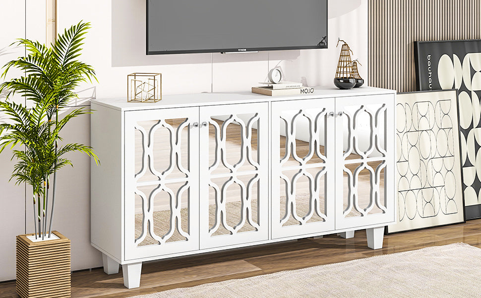 ON-TREND Buffet Cabinet with Adjustable Shelves, 4-Door Mirror Hollow-Carved TV stand for TVs Up to 70'', Multi-functional Console Table with Storage Credenza Accent Cabinet for Living Room, White