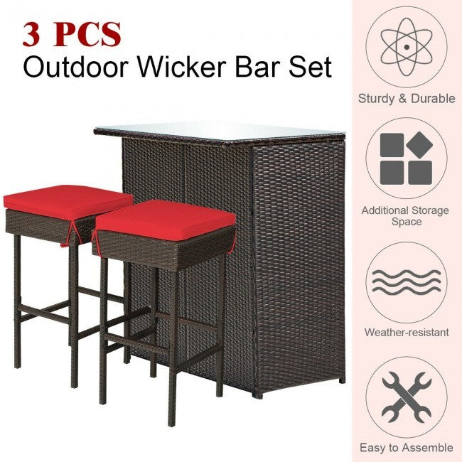 3 Pieces Outdoor Patio Rattan Wicker Bar Set