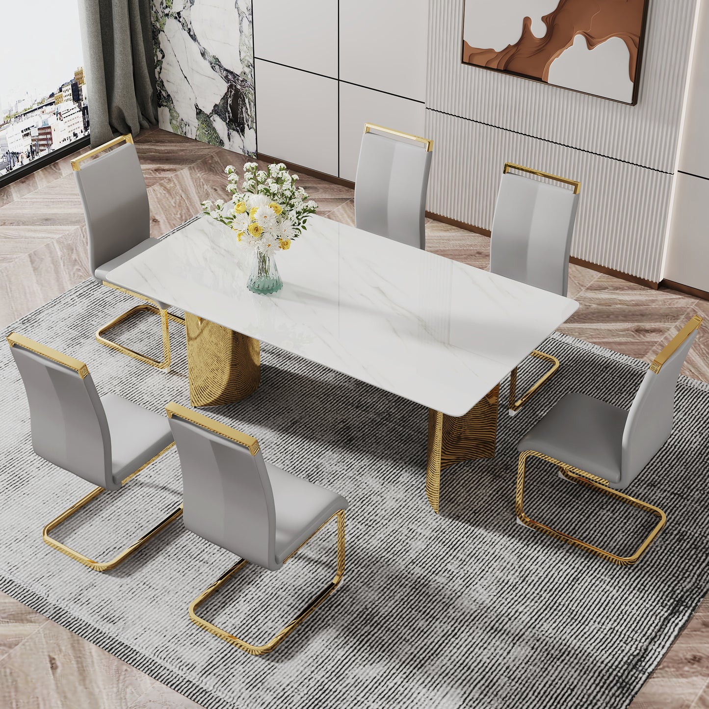 Modern minimalist dining table. The white imitation marble glass desktop is equipped with golden metal legs. Suitable for restaurants and living rooms 71 "* 39.3" * 29.5 "DT-69