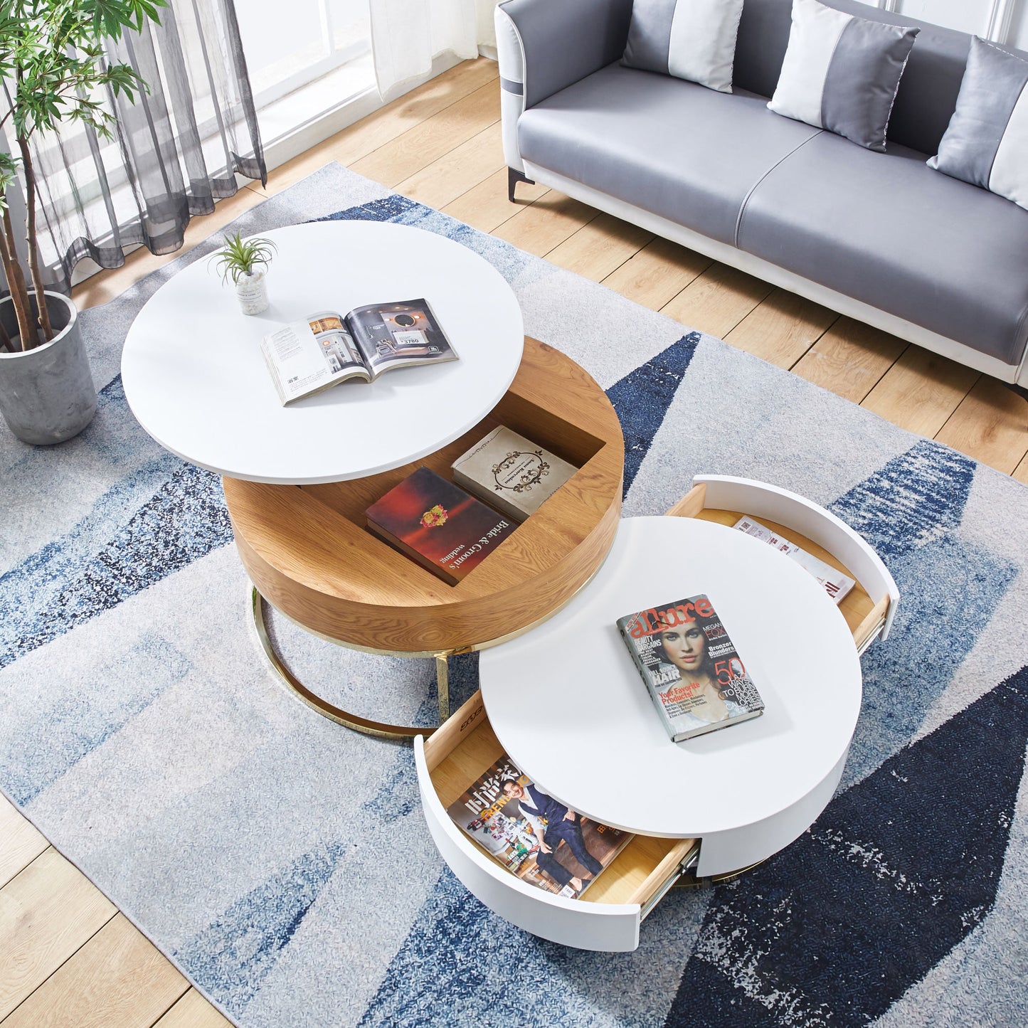 Set of 2; Round White Center Table with Gold Finish Metal Base