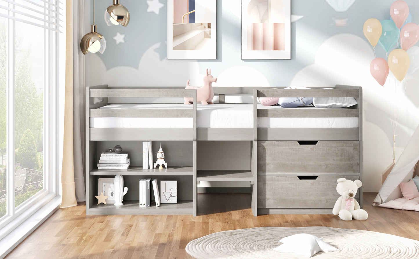 Twin size Loft Bed with Two Shelves and Two drawers